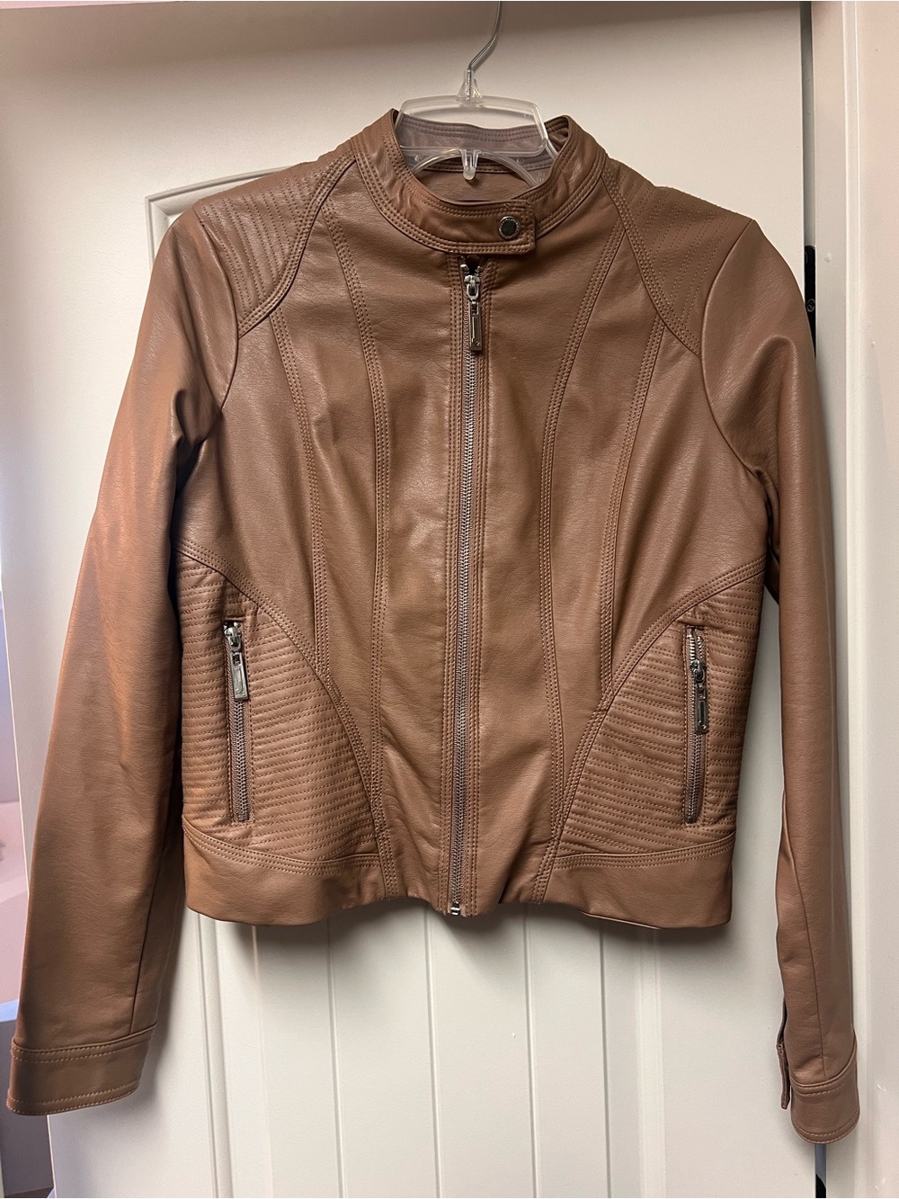 JouJou Women's Juniors  Brown Faux Leather Moto Jacket
